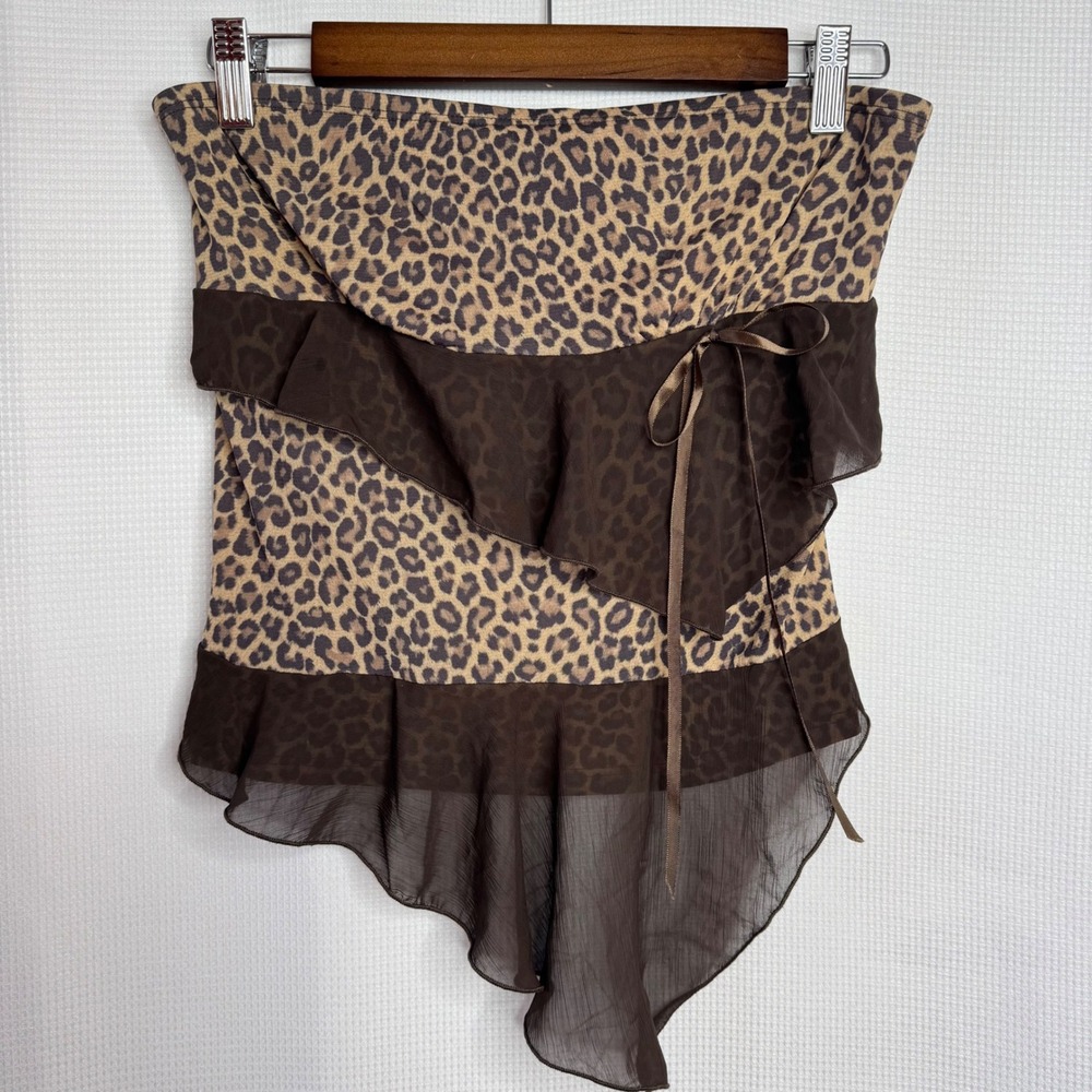 Hot Kiss Y2K Vintage Leopard Tube Top Asymmetric Mesh Ruffle Brown Medium USA